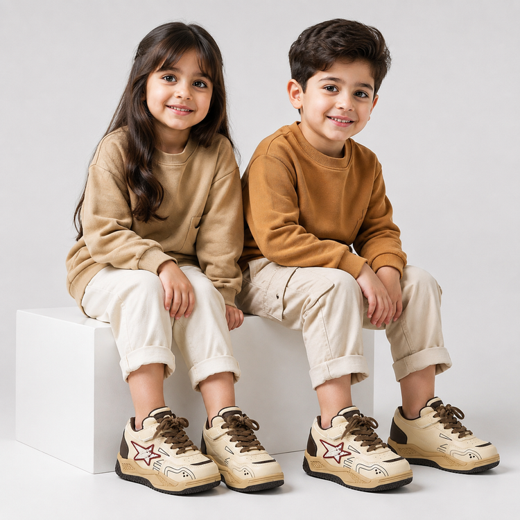 کتانی نیمساق بچگانه وارداتی Fashion | رنگ کرم قهوهای ضد آب (بند تزیینی و چسبی)